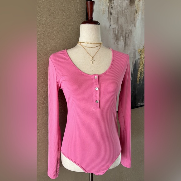 Pink henley 1/2 button long sleeve bodysuit - Picture 6 of 8